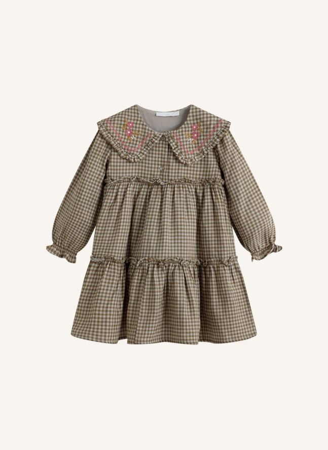 Viola Carreaux Embroidered Claudine Collar Dress | Khaki brown