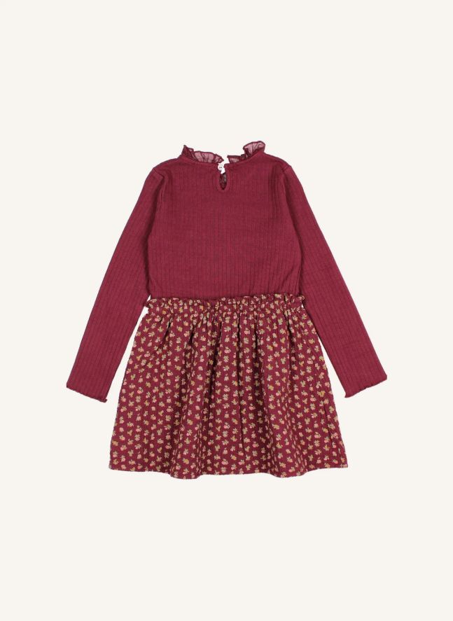 Robe Bi-Matière Cottage Fleurie Coton Bio | Bordeaux