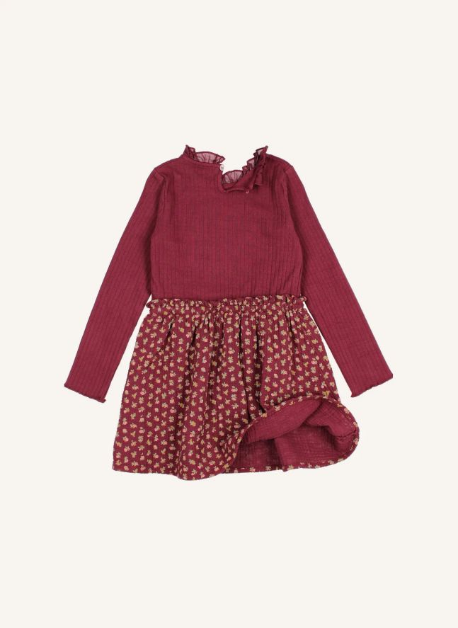 Robe Bi-Matière Cottage Fleurie Coton Bio | Bordeaux