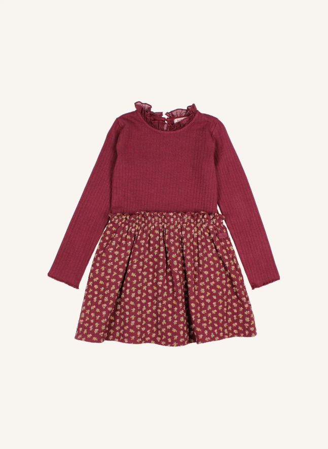 Robe Bi-Matière Cottage Fleurie Coton Bio | Bordeaux