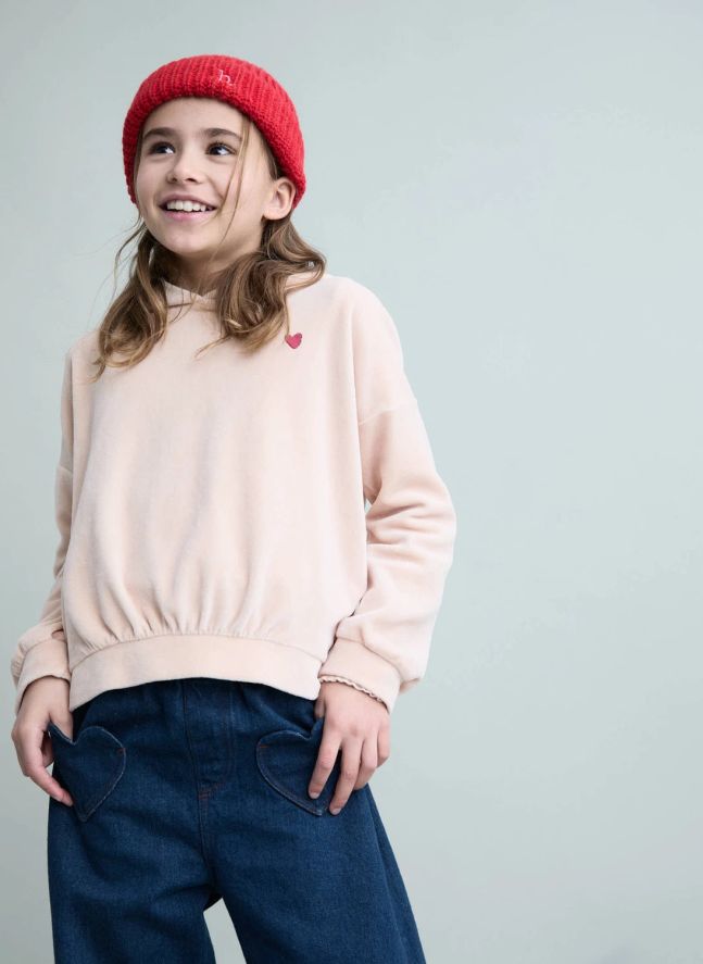 Sweat Capuche Cœur Velours | Rose pâle