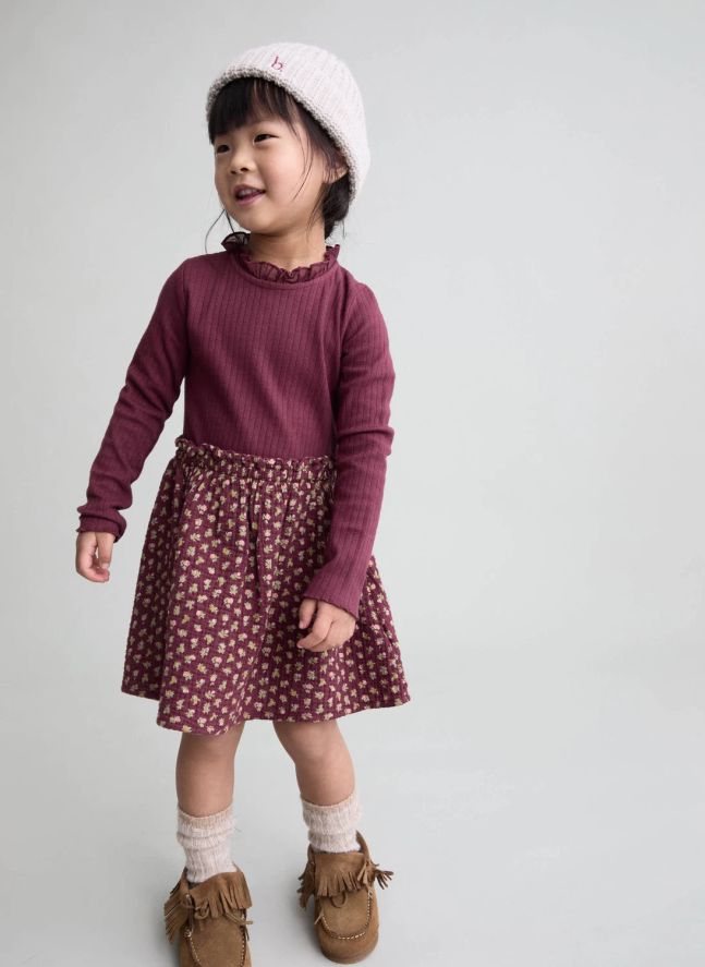 Robe Bi-Matière Cottage Fleurie Coton Bio | Bordeaux