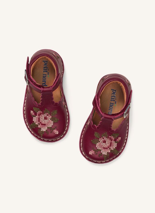 Babies Brodées T-Bar Scallop Fleurs - Collection Uniqua | Framboise
