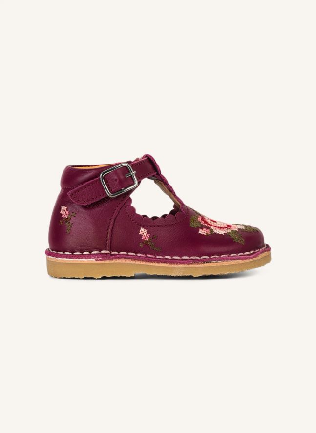 Babies Brodées T-Bar Scallop Fleurs - Collection Uniqua | Framboise