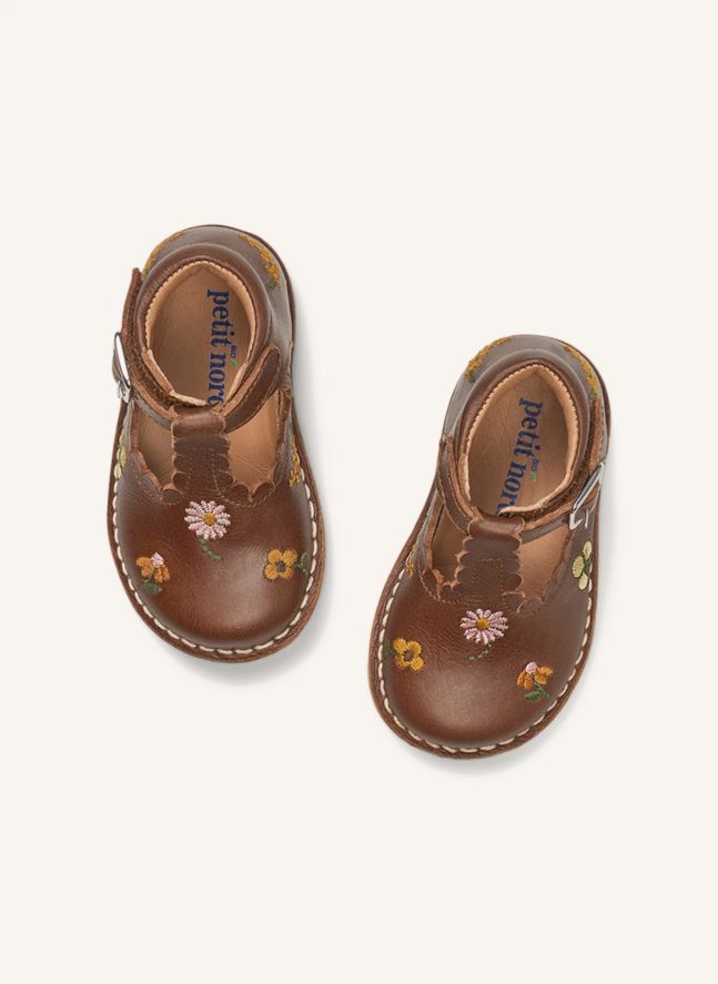 Babies Brodées T-Bar Scallop Fleuries - Collection Uniqua | Noisette