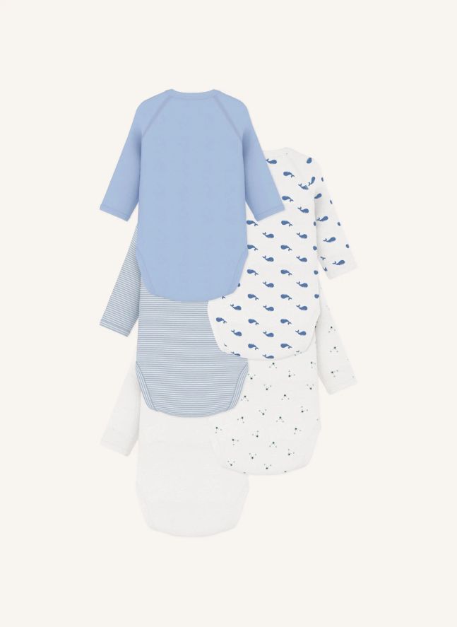 Lot de 5 Bodies Croisés Baleines Coton Bio | Bleu
