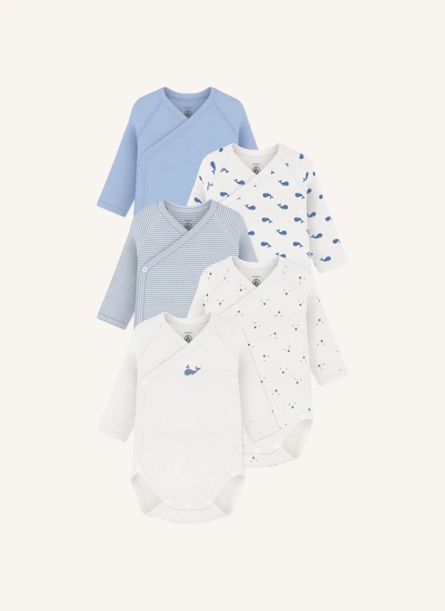 Lot de 5 Bodies Croisés Baleines Coton Bio | Bleu