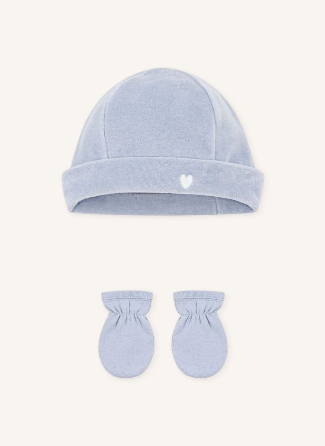 Ensemble Bonnet et Moufles Velours Coton Bio | Bleu gris