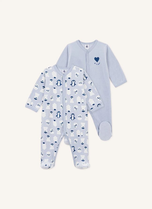 Lot de 2 Pyjamas Dors Bien Bonhommes de Neige Velours Coton Bio | Bleu