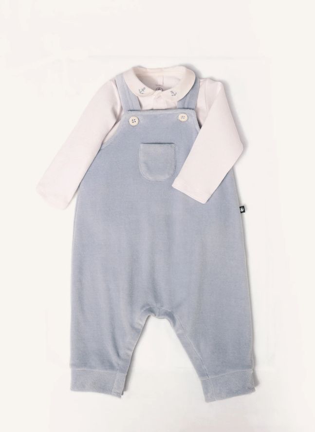 Ensemble Salopette et Body Velours Coton Bio | Bleu gris