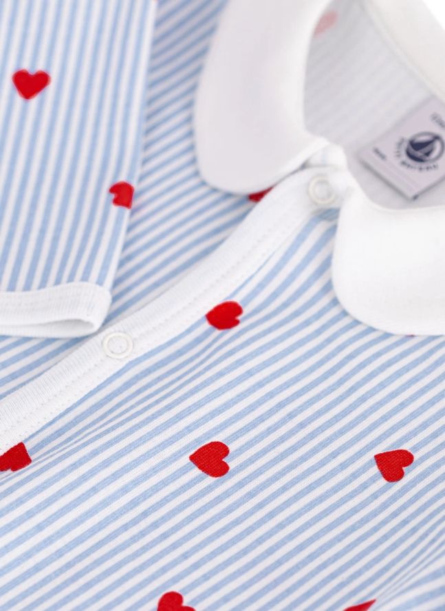 Pyjama Rayé Cœurs Coton Bio | Bleu