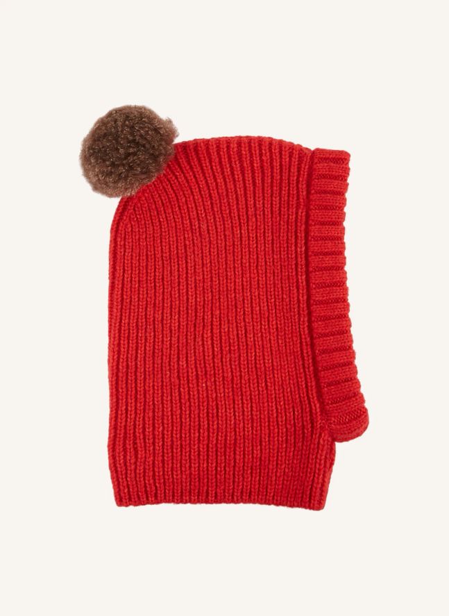 Cagoule Pompon Laine Mérinos | Rouge