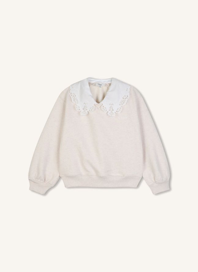 Sweat Chiné Col Brodé Coton Bio | Ecru