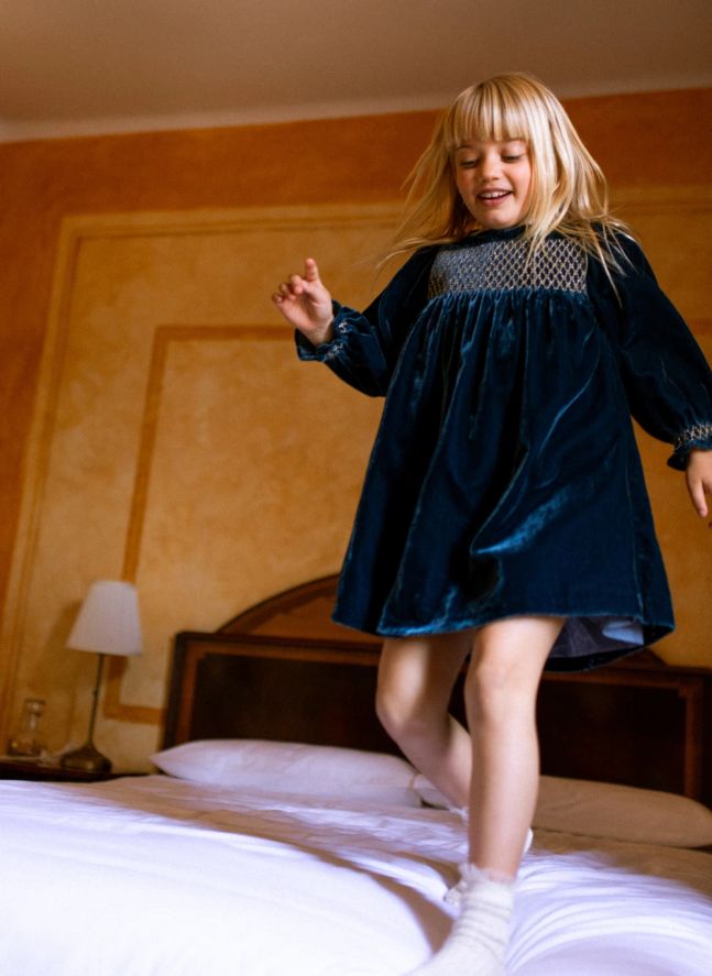 Robe Smockée Silvia Velours | Bleu marine