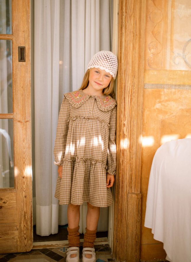 Viola Carreaux Embroidered Claudine Collar Dress | Khaki brown
