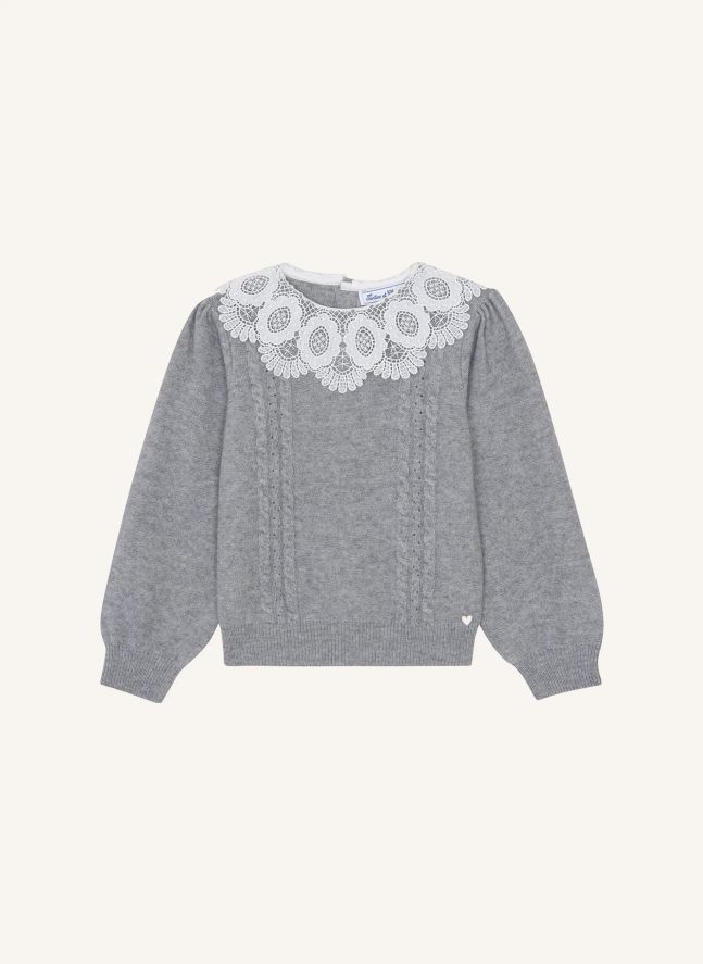 Pull Col Dentelle Torsadé | Gris chiné