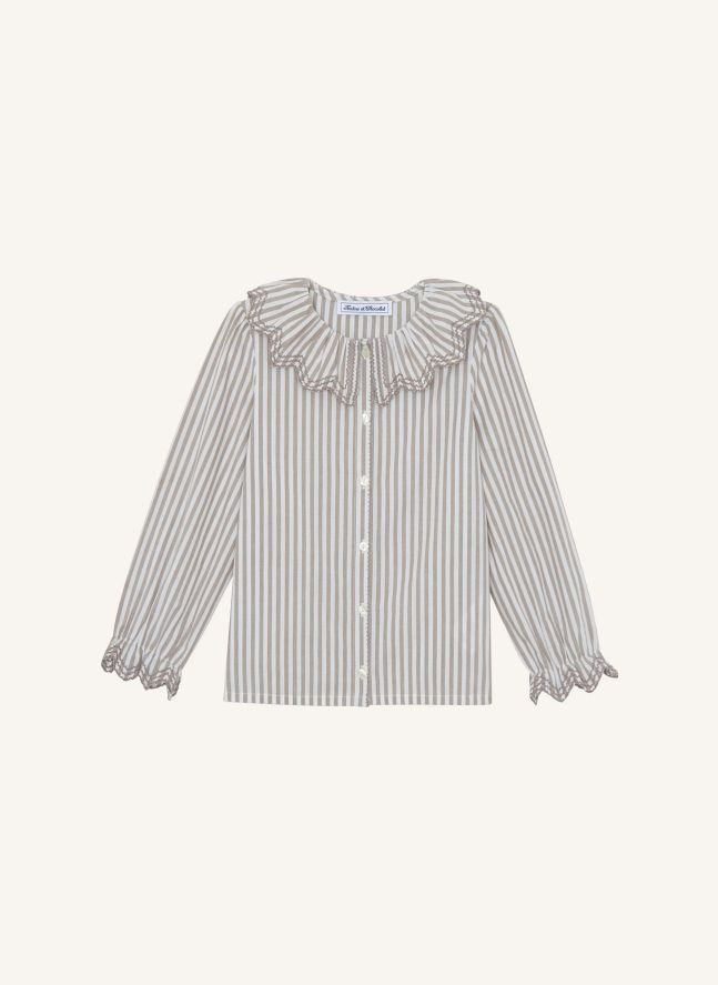 Chemise Col Volants Feston Rayée | Blanc