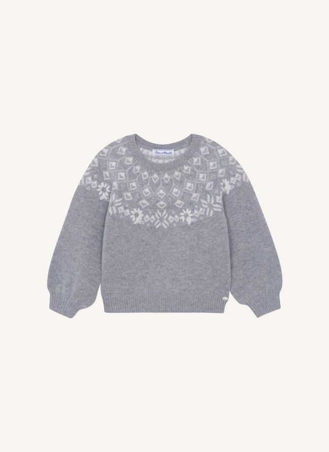 Pull Brodé Fleurs Laine | Gris chiné