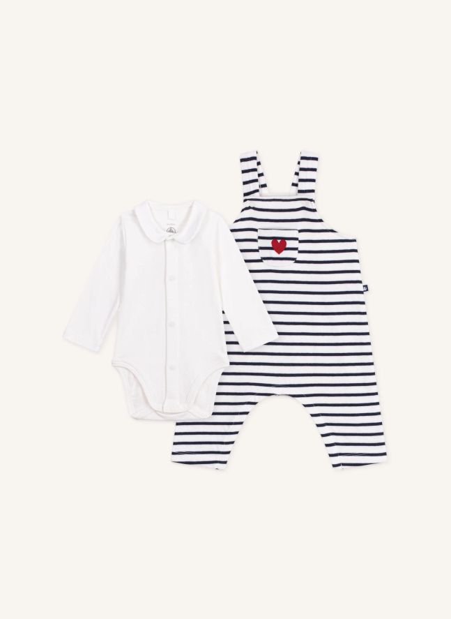 Ensemble Salopette Rayée et Body Coton Bio | Blanc