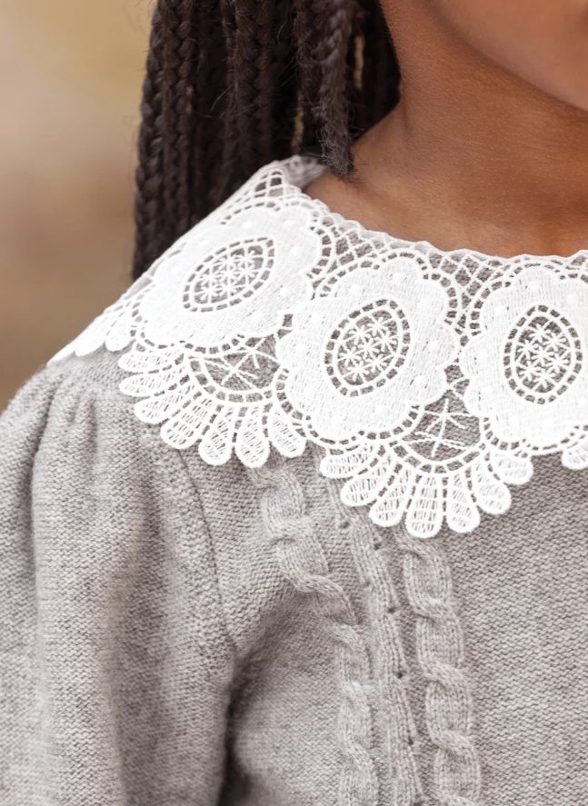 Pull Col Dentelle Torsadé | Gris chiné