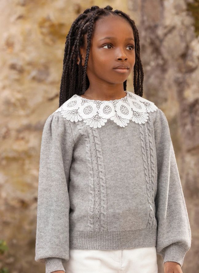 Pull Col Dentelle Torsadé | Gris chiné