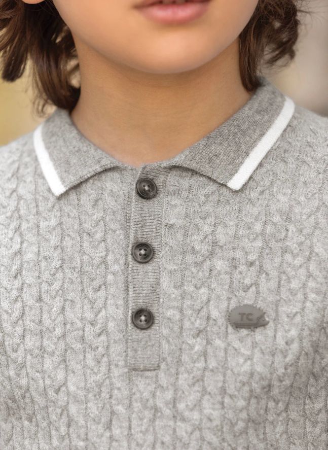 Pull Col Polo Torsadé Laine | Gris chiné