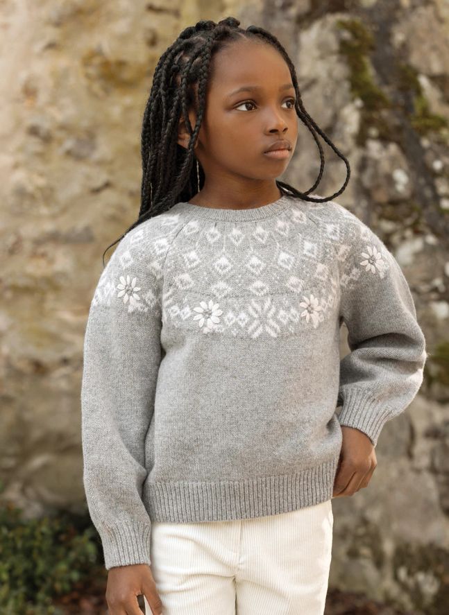 Pull Brodé Fleurs Laine | Gris chiné