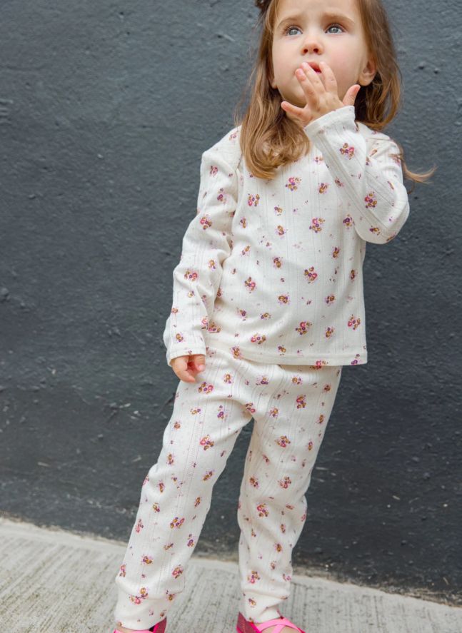 Ensemble Bonnet, T-shirt et Legging Fleurs | Ecru