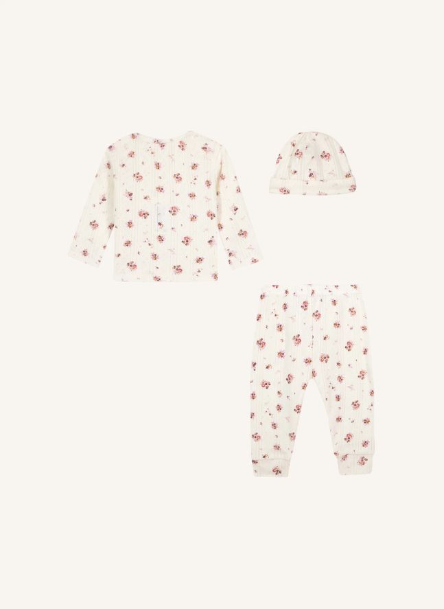 Ensemble Bonnet, T-shirt et Legging Fleurs | Ecru